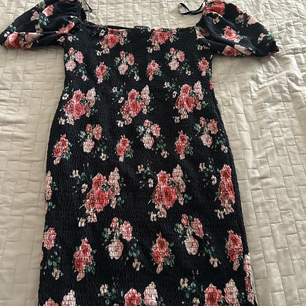 Trac Black and Pink Floral Midi Dress